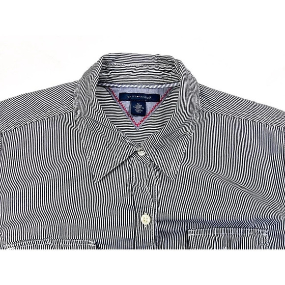 Tommy Hilfiger Size Medium Women's Black White Stripe Elbow Button Logo Shirt - Picture 13 of 13